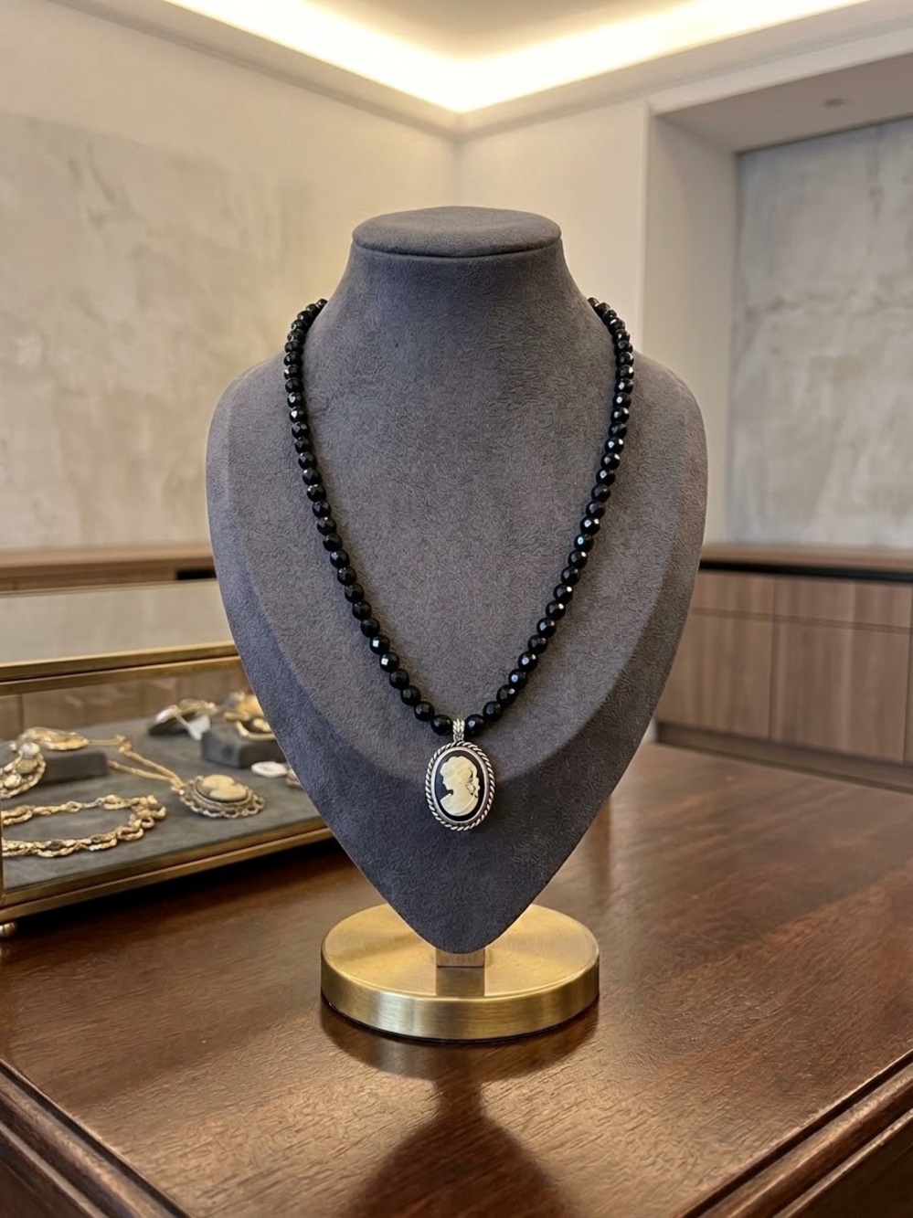 Black Beaded Cameo Pendant Necklace - Timeless Women's Jewelry
